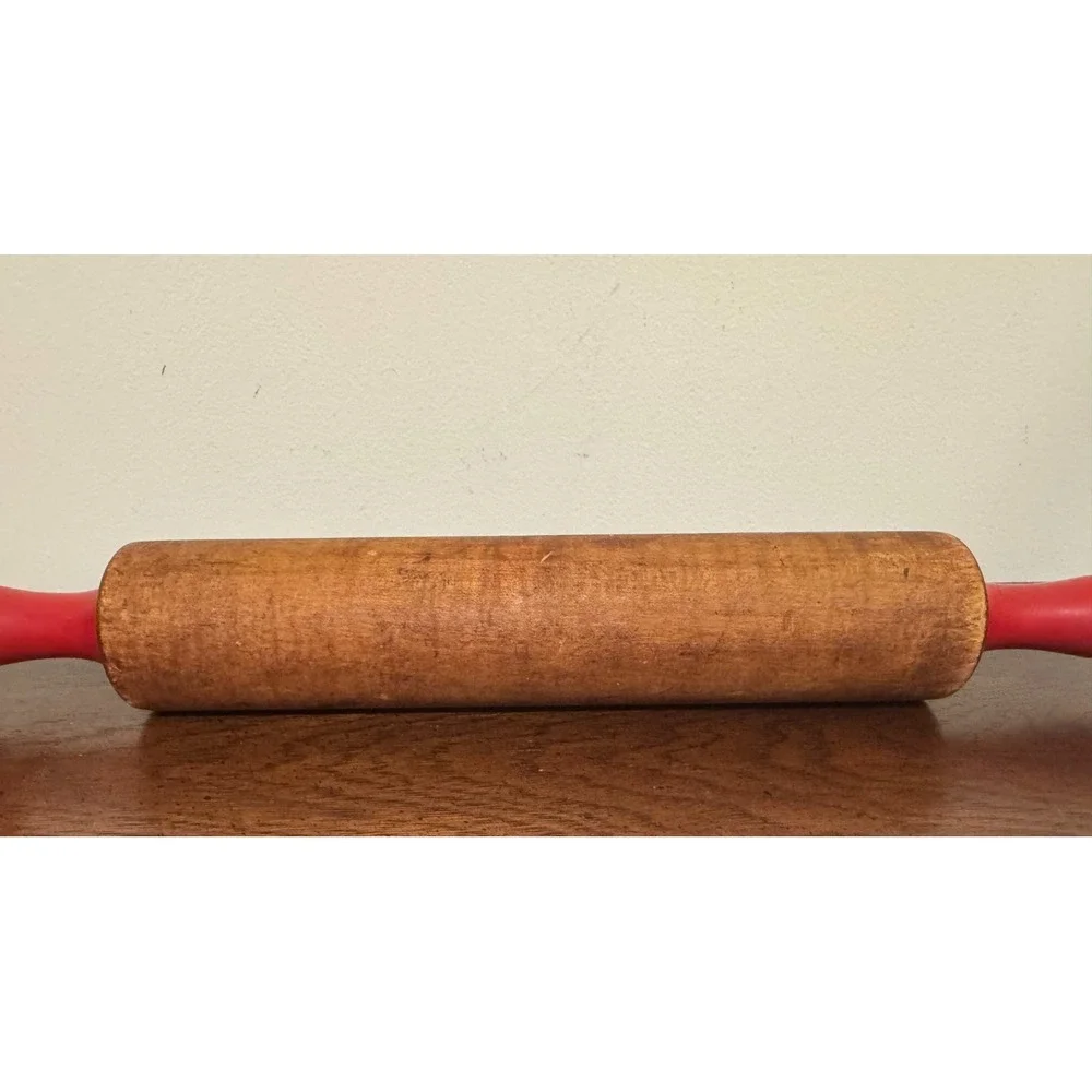 Antique Wood Rolling Pin Painted Red Handles 17.5